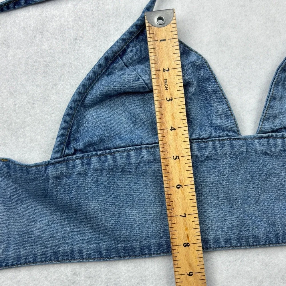 Emma & Sam Crop Top Womens Small Blue Denim Triangle Halter Hook Eye Bralette